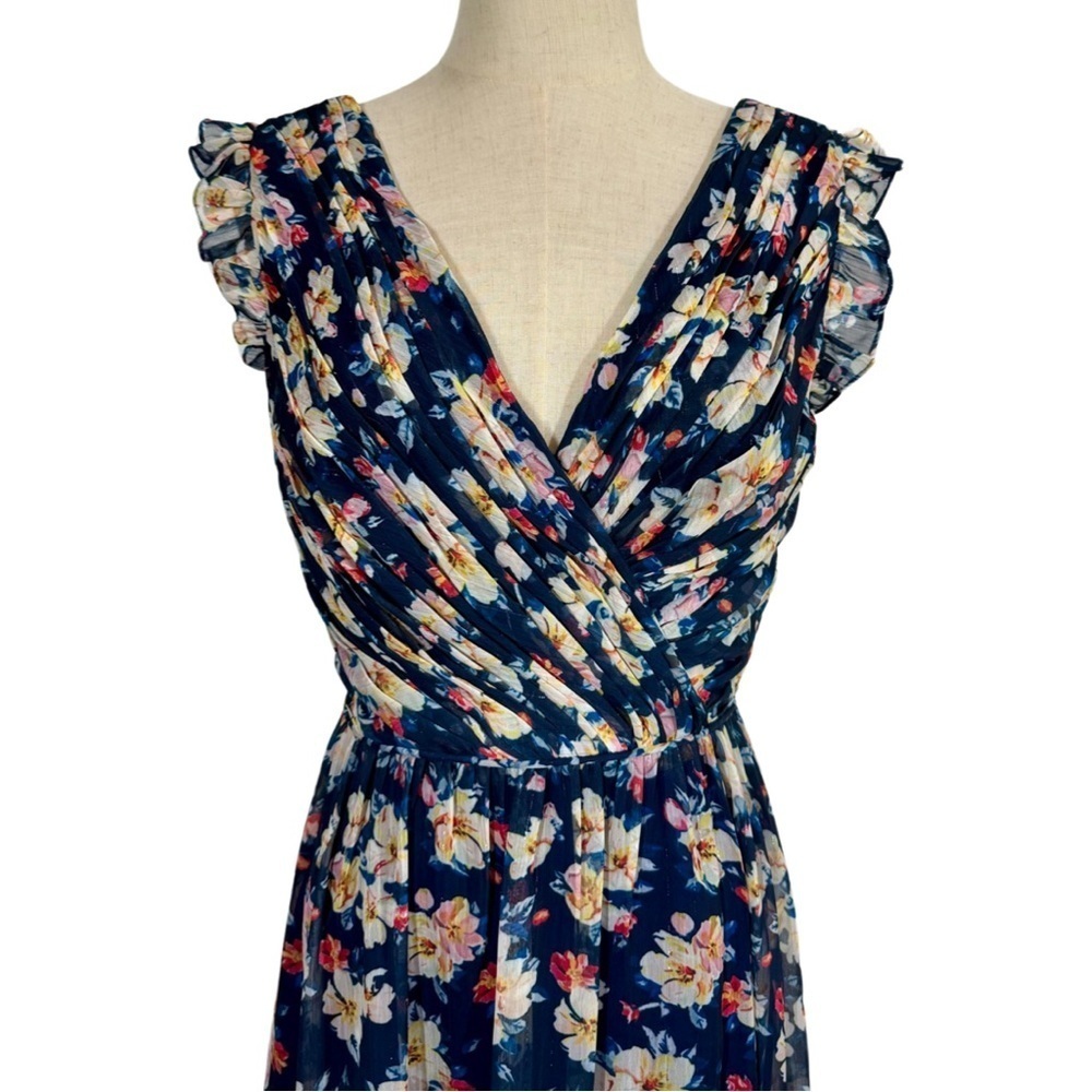 Ieena for Mac Duggal Flowy Floral Print V Neck Cap Sleeve Midi Dress 55665 - Picture 6 of 11